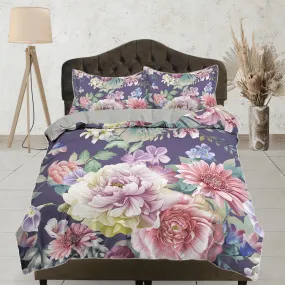 Pink floral bedding, purple duvet cover queen, king, boho duvet, designer bedding, aesthetic bedding, maximalist shabby chic bedding full