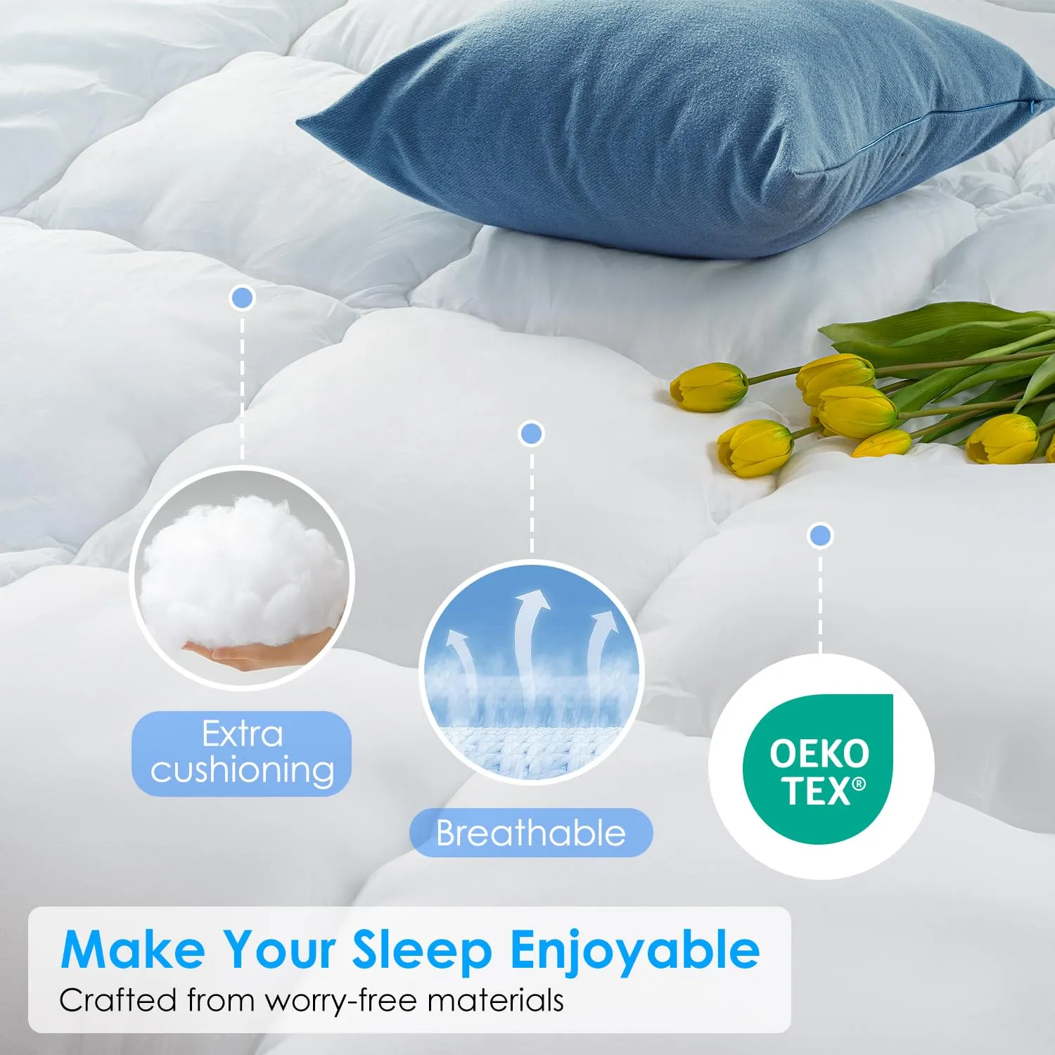 QUEEN ROSE Mattress Topper Queen, Extra Thick Pillow-Top Mattress Pad Bed Covers, Plush Soft Support, 3D Snow Down Alternative, Cooling Cloud-Like Sleep, Back Pain Relief White