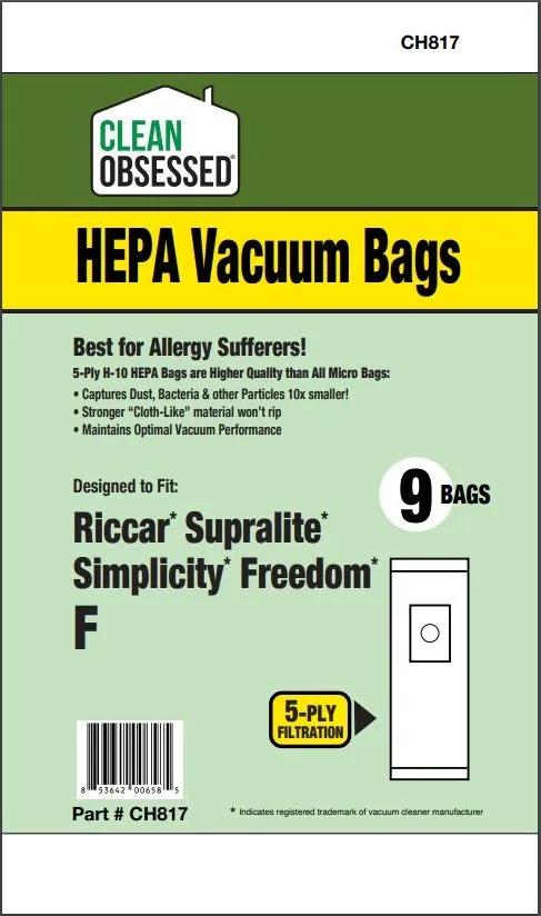 Riccar/Simplicity Type F Riccar Supralite Simplicity F, HEPA 9/pk CH817