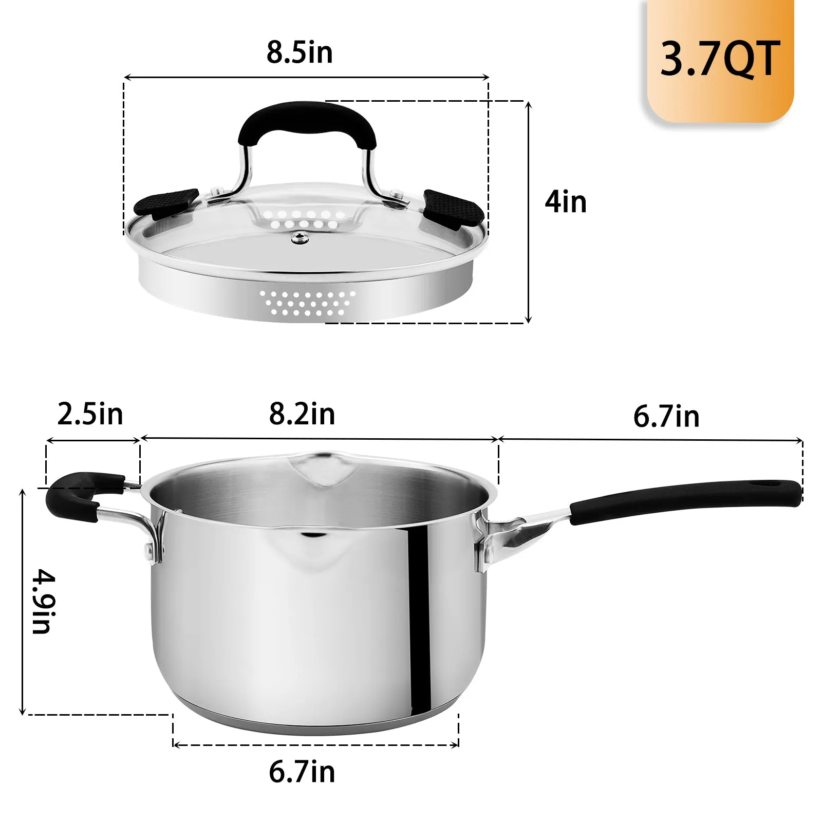 Rorence Stainless Steel Saucepan Sauce Pan with Pour Spout & Glass Lid with Two Side Spouts, Strainer Glass Lid - 3.7 Quart