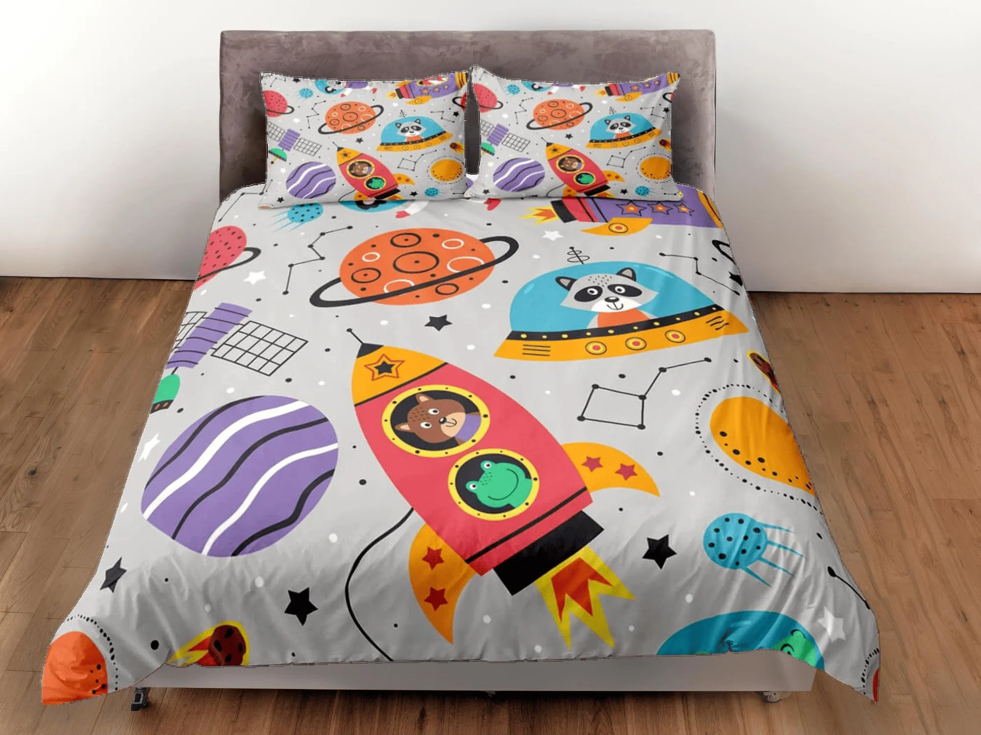 Safari animals grey duvet cover set kids, galaxy bedding set full, king, queen, astronomy dorm bedding, toddler bedding aesthetic bedspread