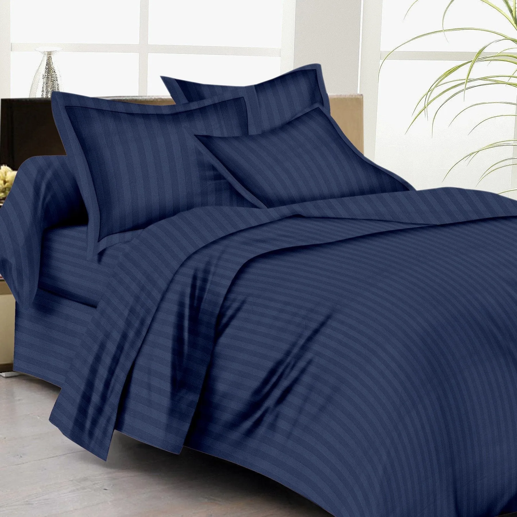 Satin Stripe Duvet Cover - 300 TC Navy Blue