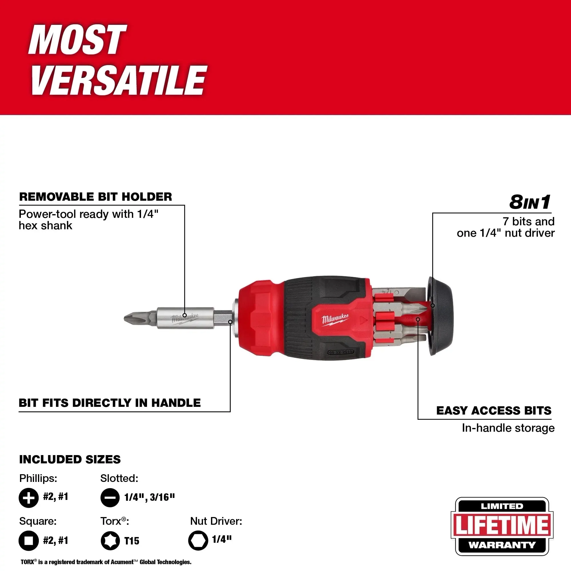 Screwdriver - Milwaukee 8-in-1 Compact Multi-Bit Screwdriver, 48-22-2910