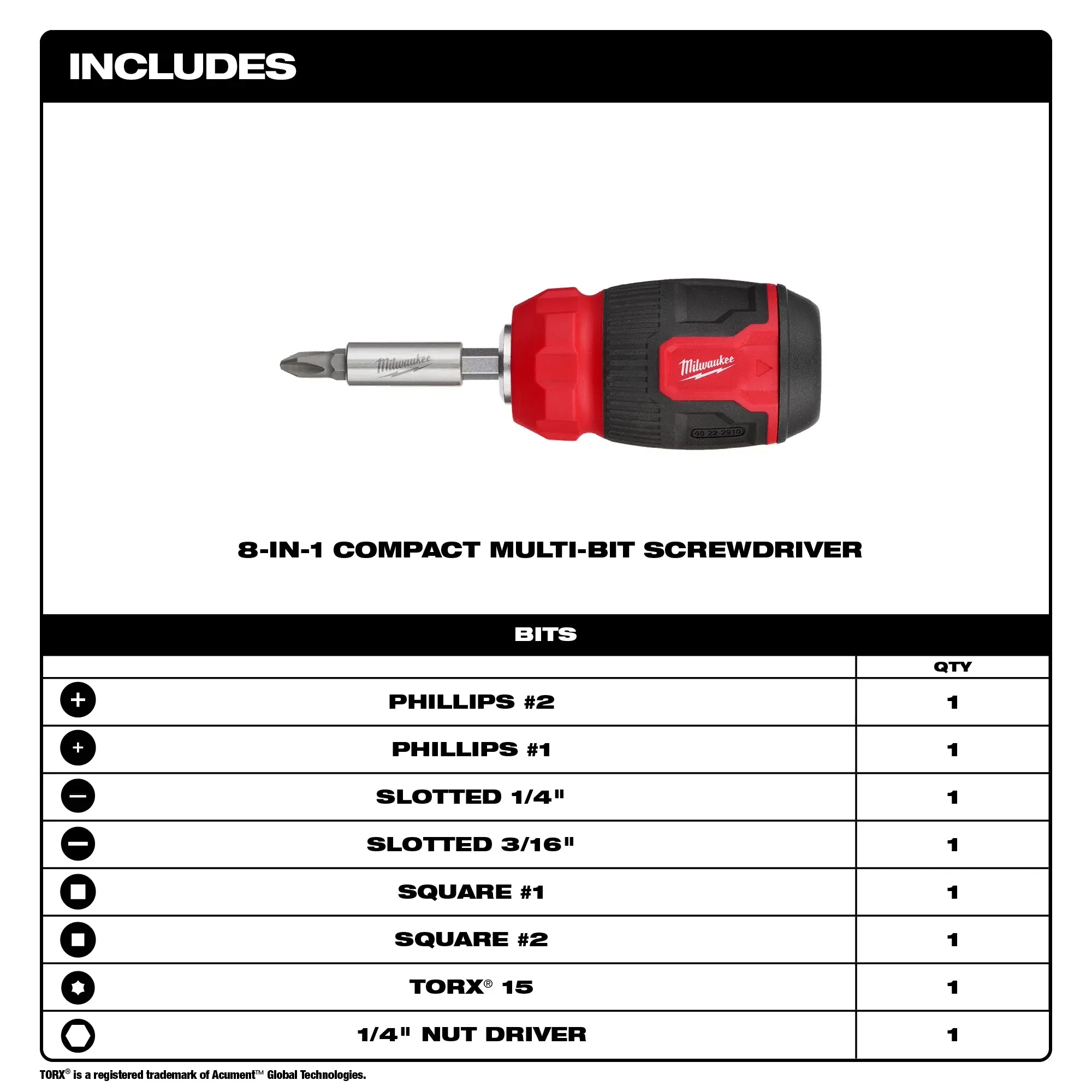 Screwdriver - Milwaukee 8-in-1 Compact Multi-Bit Screwdriver, 48-22-2910