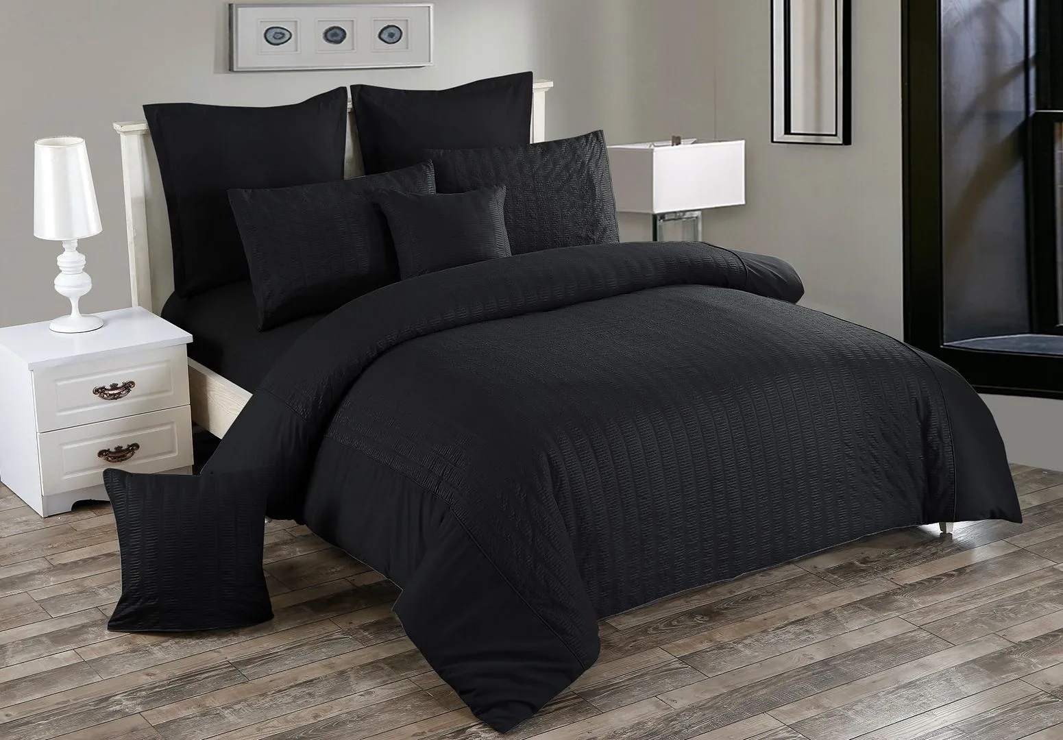 Seersucker King Size Black Duvet Quilt Cover Set