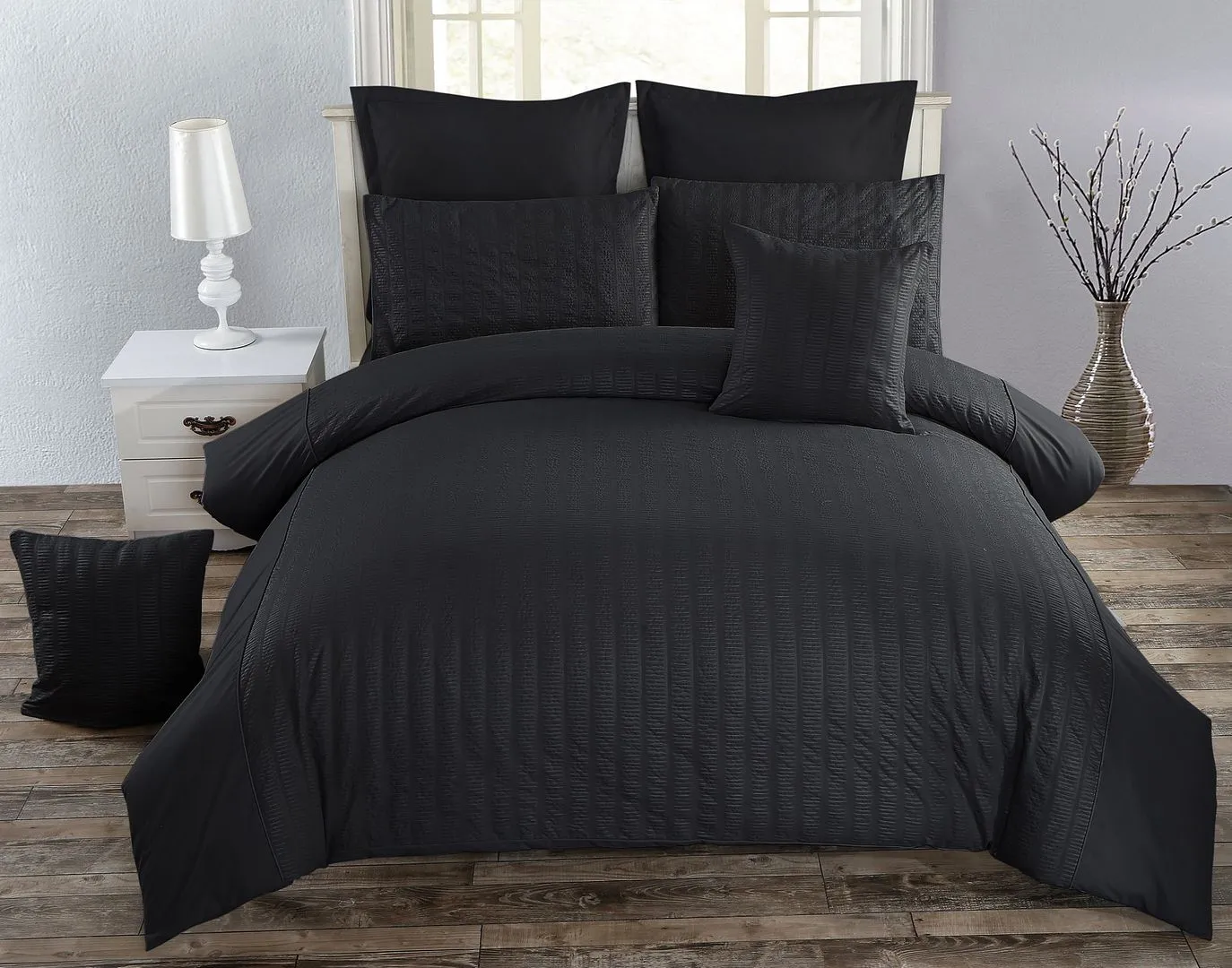 Seersucker King Size Black Duvet Quilt Cover Set