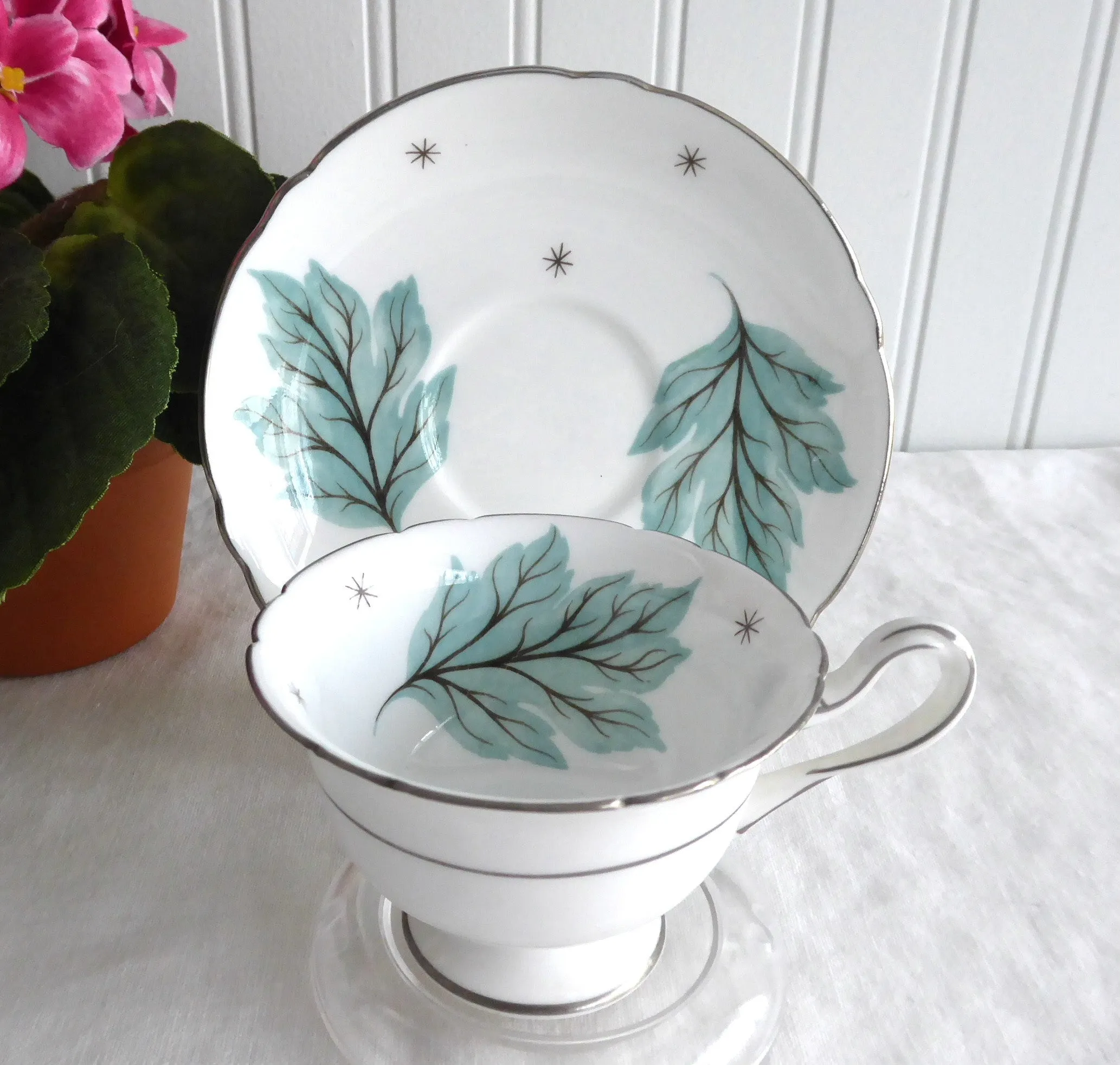 Shelley Drifting Leaves Demi Cup And Saucer Gainsborough Shape 1950s Aqua Leaves