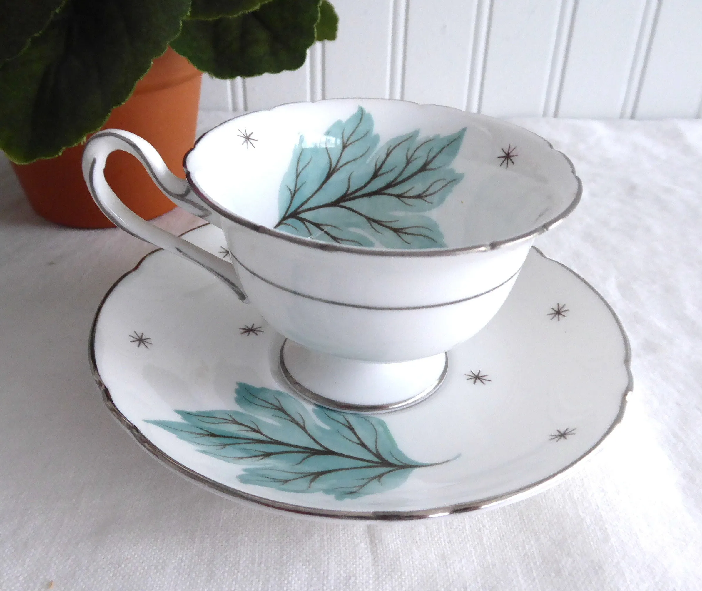 Shelley Drifting Leaves Demi Cup And Saucer Gainsborough Shape 1950s Aqua Leaves