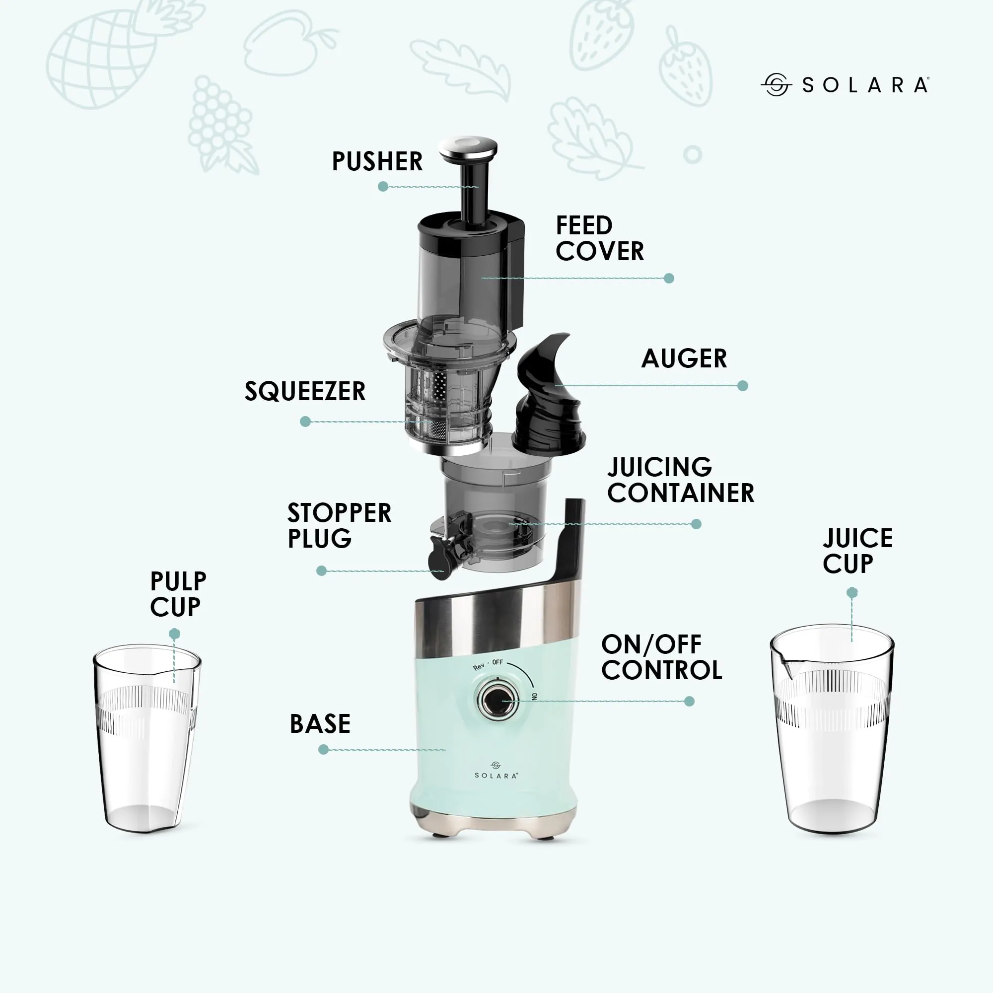 SOLARA Cold Press Vertical Slow Juicer, Easy Clean Slow Juicer Cold Pressed Juice Extractor, Slow Juicer for Fruits & Vegetables, 1 Speed   Reverse Function Masticating Juicer | Aqua