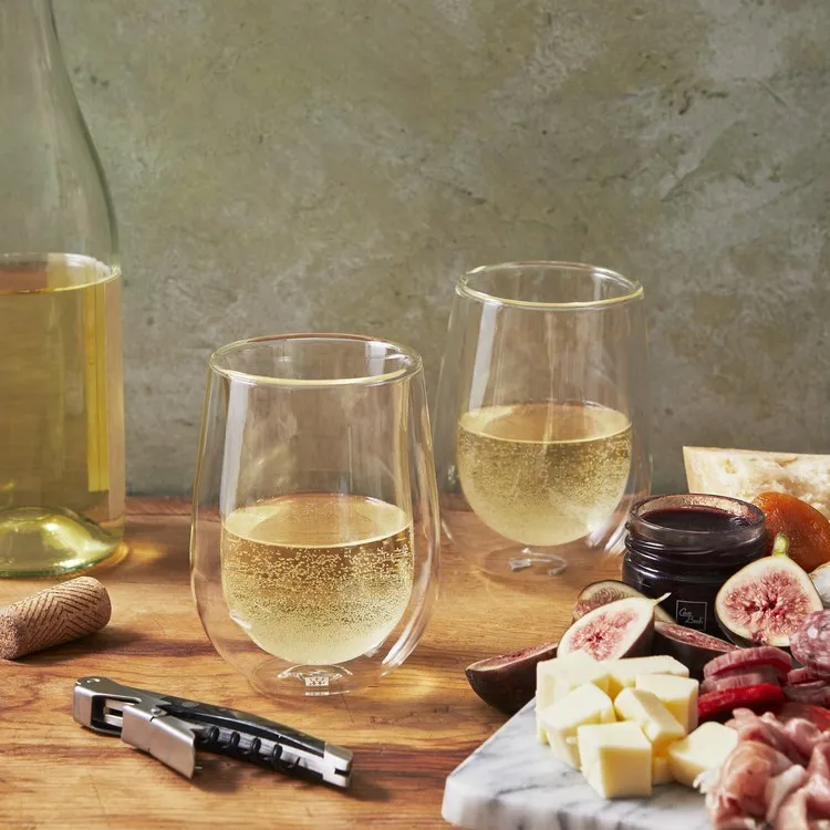 Sorrento Double-Wall Stemless White Wine Glasses with Waiter's Corkscrew Three-Piece Set