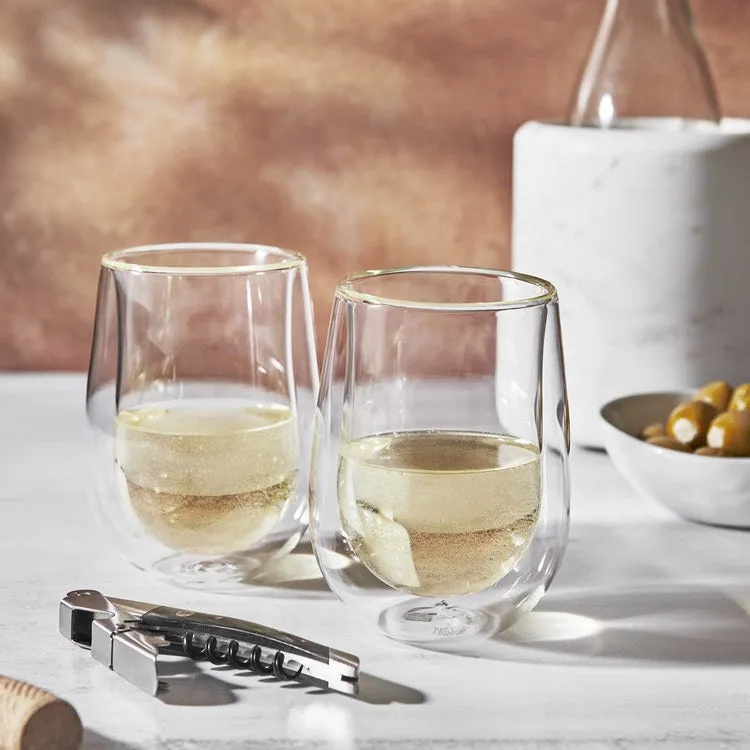 Sorrento Double-Wall Stemless White Wine Glasses with Waiter's Corkscrew Three-Piece Set