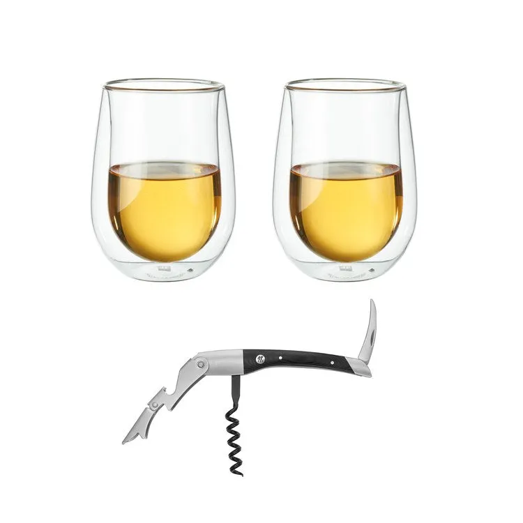 Sorrento Double-Wall Stemless White Wine Glasses with Waiter's Corkscrew Three-Piece Set