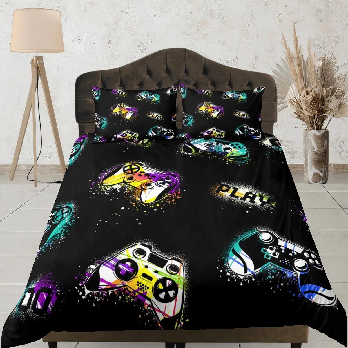 Spray painted gamer bedding colorful duvet cover, video gamer boyfriend gift bedding set full king queen twin, boys bedroom, dorm bedding