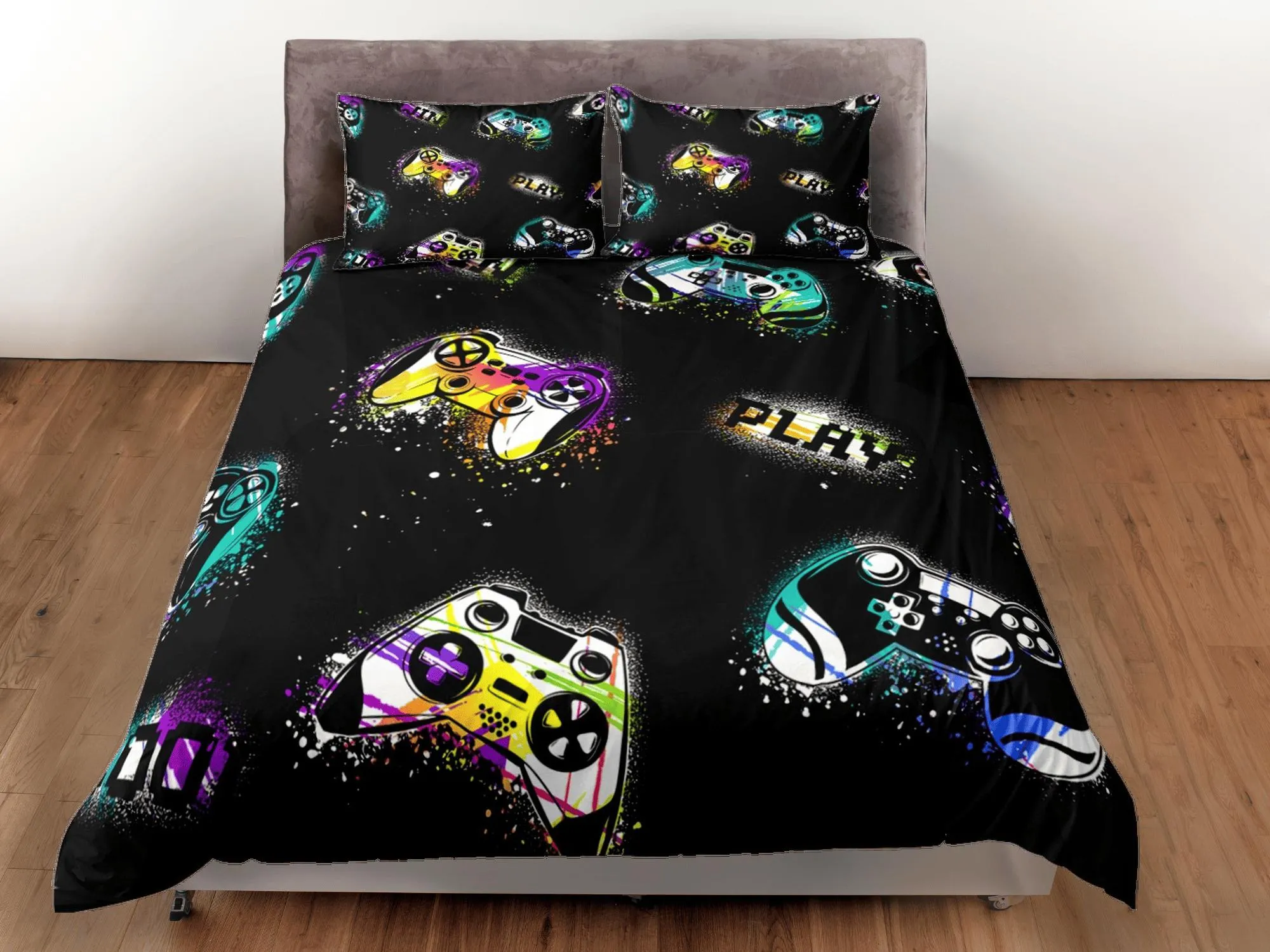 Spray painted gamer bedding colorful duvet cover, video gamer boyfriend gift bedding set full king queen twin, boys bedroom, dorm bedding