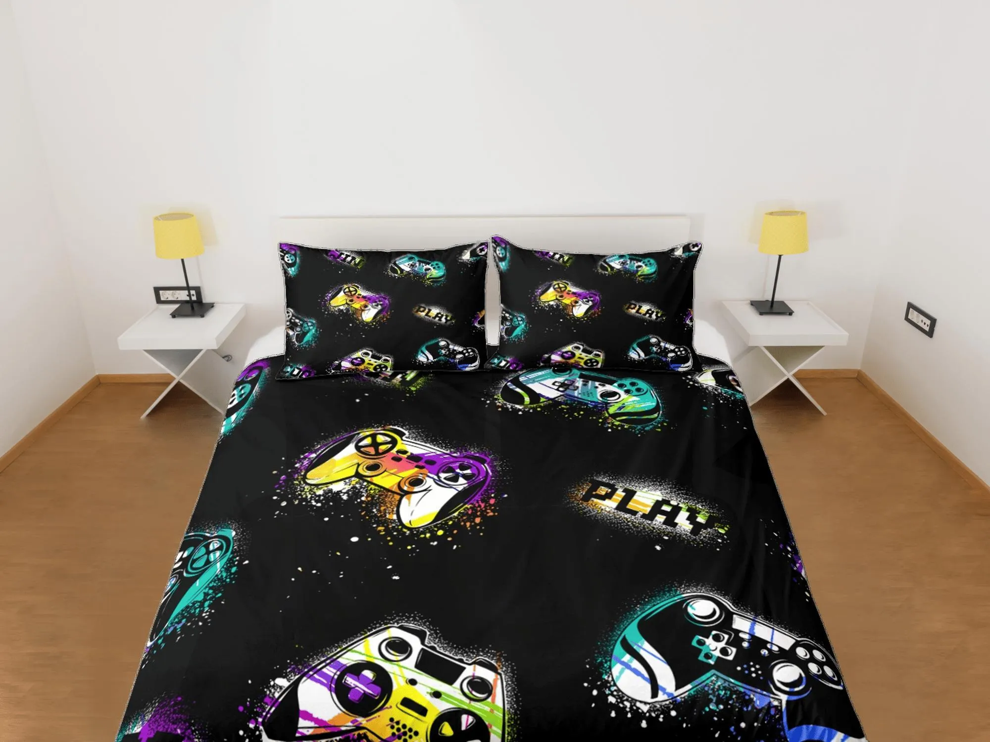 Spray painted gamer bedding colorful duvet cover, video gamer boyfriend gift bedding set full king queen twin, boys bedroom, dorm bedding