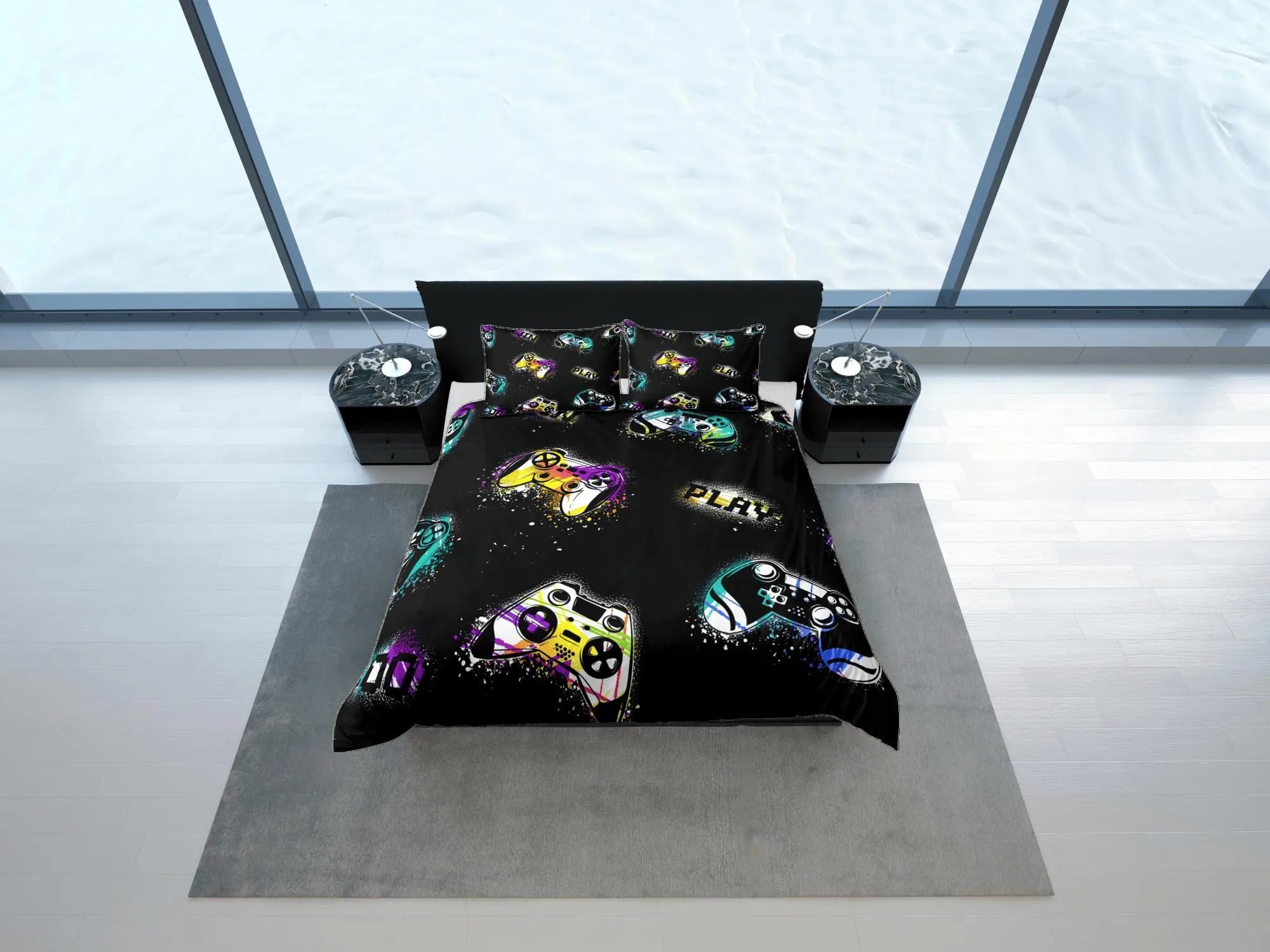 Spray painted gamer bedding colorful duvet cover, video gamer boyfriend gift bedding set full king queen twin, boys bedroom, dorm bedding