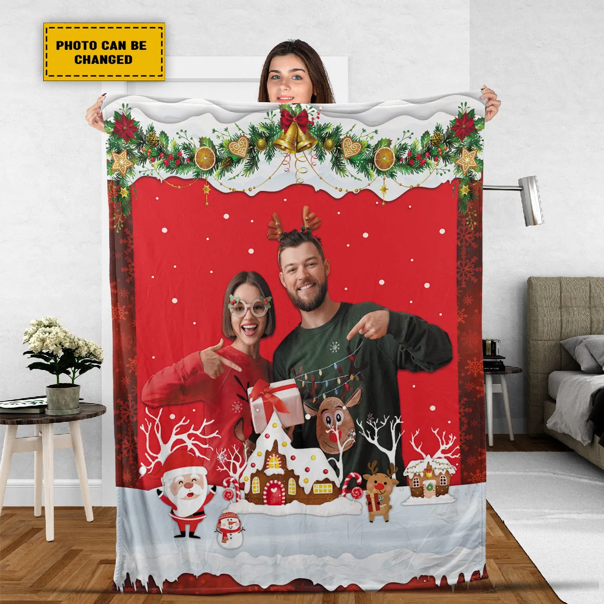 Teesdily | Christmas Theme Customize Blankets With Photos Cute Christmas Santa Custom Photo Blanket Picture Blanket Personalized Photo Xmas Gifts