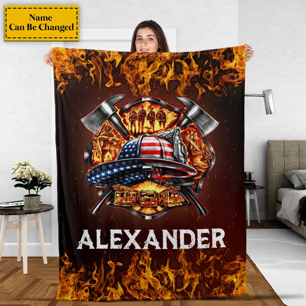 Teesdily | Customized Name American Firefighter Fleece Blanket American Fireman Travel Blanket Firefighter Dad Gifts Warm Sofa Blanket