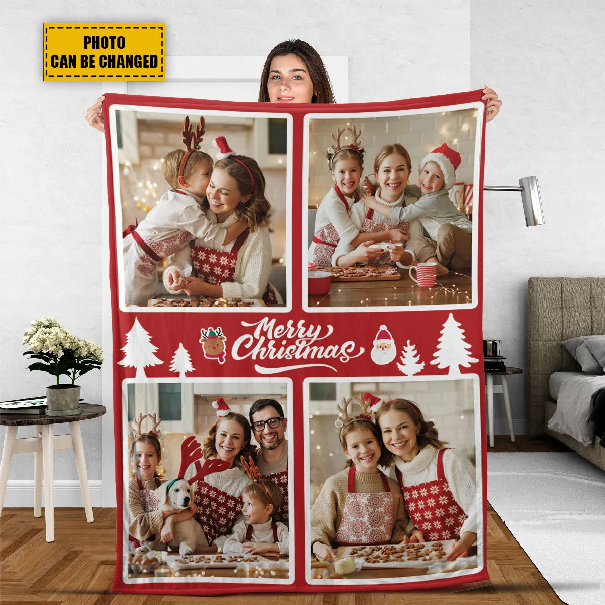 Teesdily | Merry Christmas Custom Blanket With Picture Photo Collage Personalized Blanket Memorial Gift With Photo For Adults Kids Family Best Friend