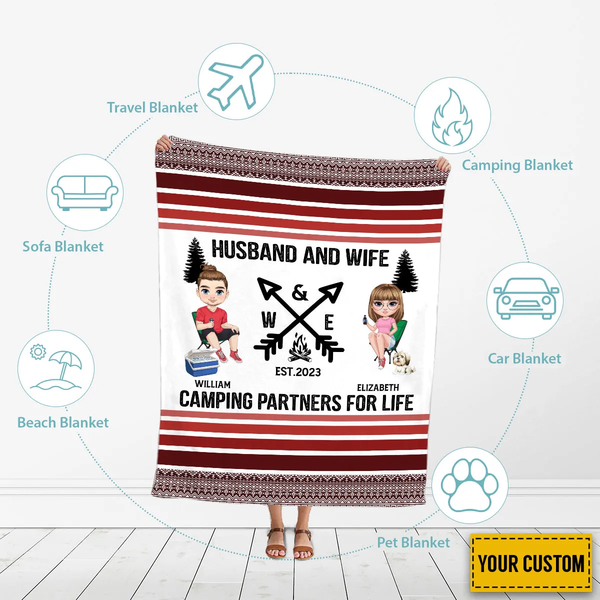 Teesdily | Personalized Husband And Wife Camping Partners For Life Fleece Blanket Camping Throw Blanket Gifts For Couple Camping Lovers