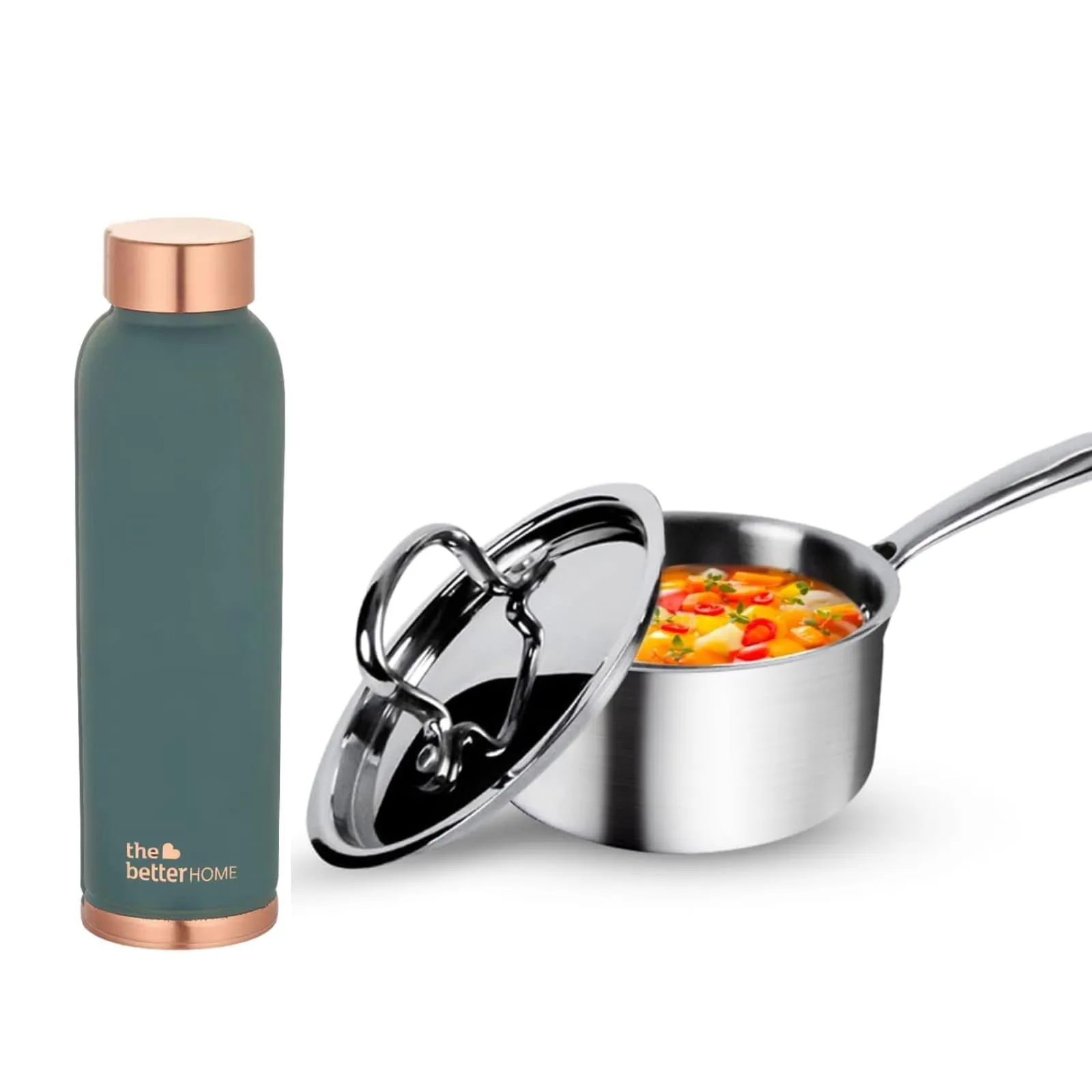 The Better Home 100% Pure Copper Water Bottle 1 Litre, Teal & Savya Home Triply Stainless Steel Saucepan with Lid, 18cm, 2.2 litres (Stove & Induction Cookware) (Green)