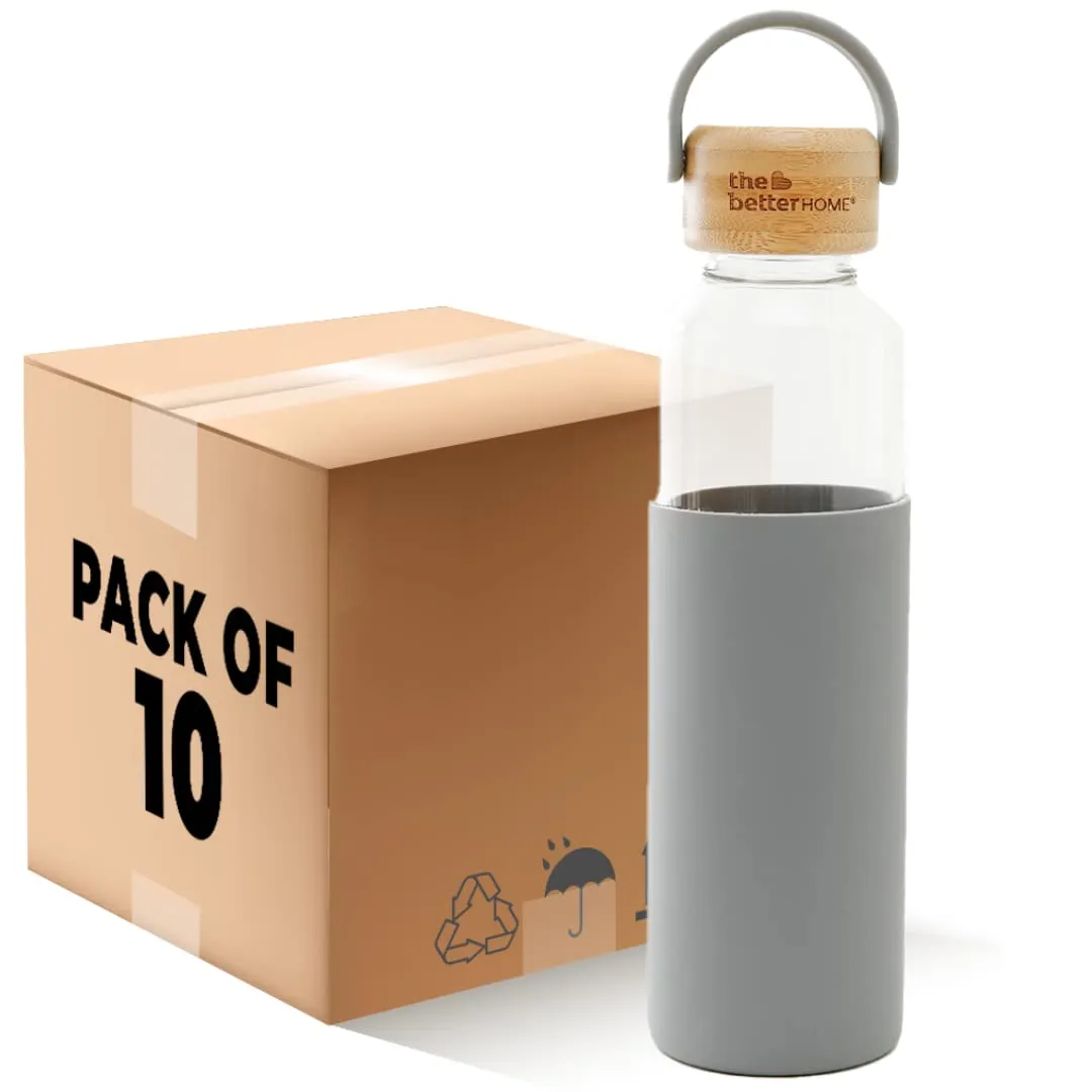 The Better Home Borosilicate Glass Water Bottle with Sleeve (500ml) | Non Slip Silicon Sleeve & Bamboo Lid | Fridge Water Bottles for Men, Women & Kids | Water Bottles for Fridge | Grey (Pack of 10)