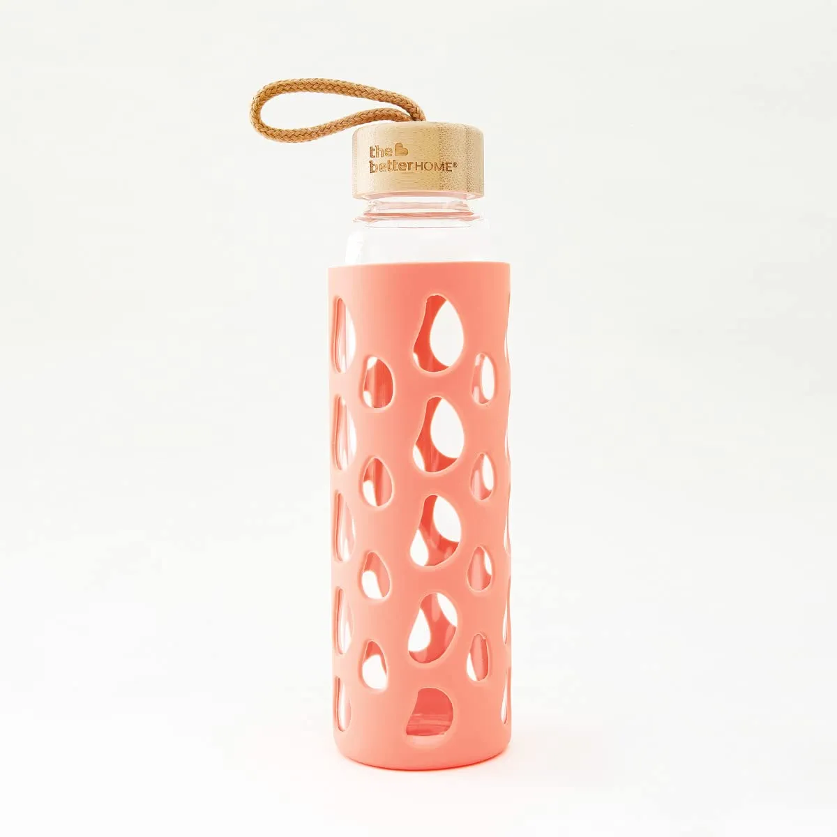 The Better Home Borosilicate Glass Water Bottle With Sleeve 550Ml|Non Slip Silicon Sleeve & Bamboo Lid|Water Bottles For Fridge (Pack Of 1), Coral