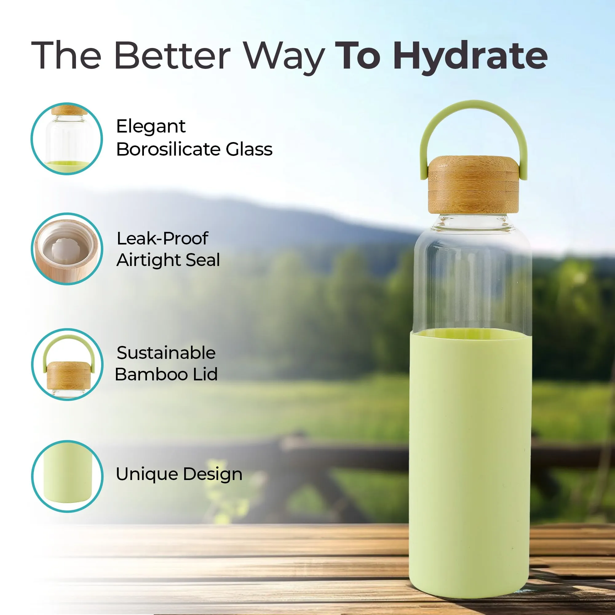 The Better Home Borosilicate Water Bottle | Spill Proof, Leak Proof & Sweat Proof | Fridge, Travel & Everyday Use | With Bamboo Lid & Silicone Sleeve | 550ml Capacity | Prasinos Green