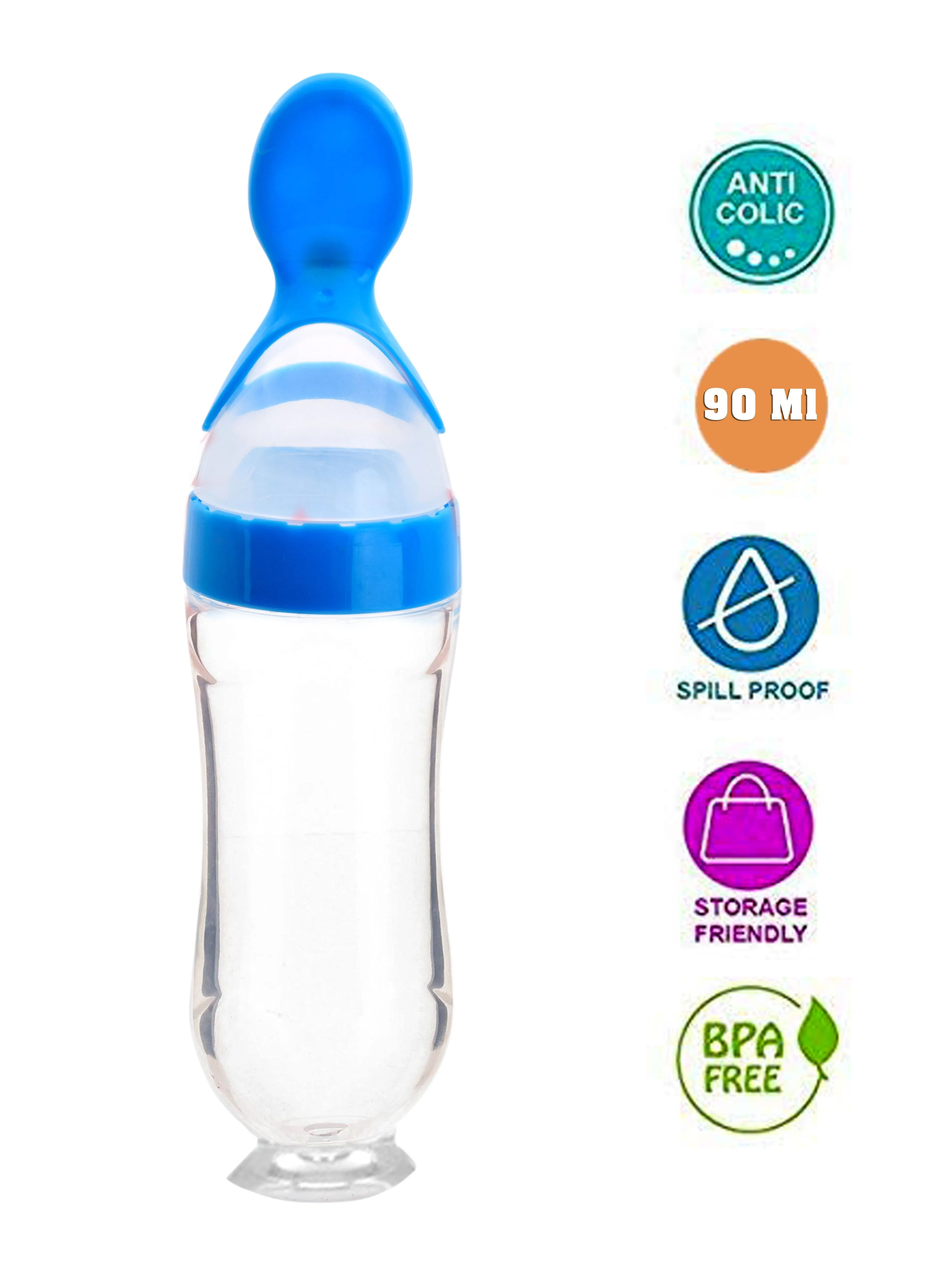 THE LITTLE LOOKERS Infant Baby Squeezy Food Grade Silicone Bottle Feeder with Soft Silicon Baby Feeding Used for Semi Solid |Spoon Feeder| Cerelac Feeder| Rice Paste Milk Food Feeder (90ml, Blue)