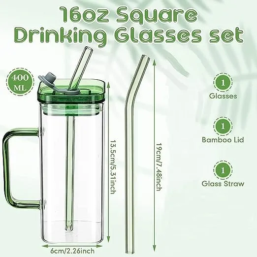 VEDHROM Square Glass Cups with Lids and Straws Pack of 1-400ml,Coffee Sipper Mug Glass Drinking Mason for Iced Tea, Juice, Cocktail, Cold & Hot (Mason with Colored Handle)(Multi-Colored)