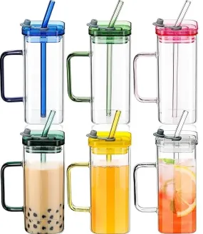 VEDHROM Square Glass Cups with Lids and Straws Pack of 1-400ml,Coffee Sipper Mug Glass Drinking Mason for Iced Tea, Juice, Cocktail, Cold & Hot (Mason with Colored Handle)(Multi-Colored)