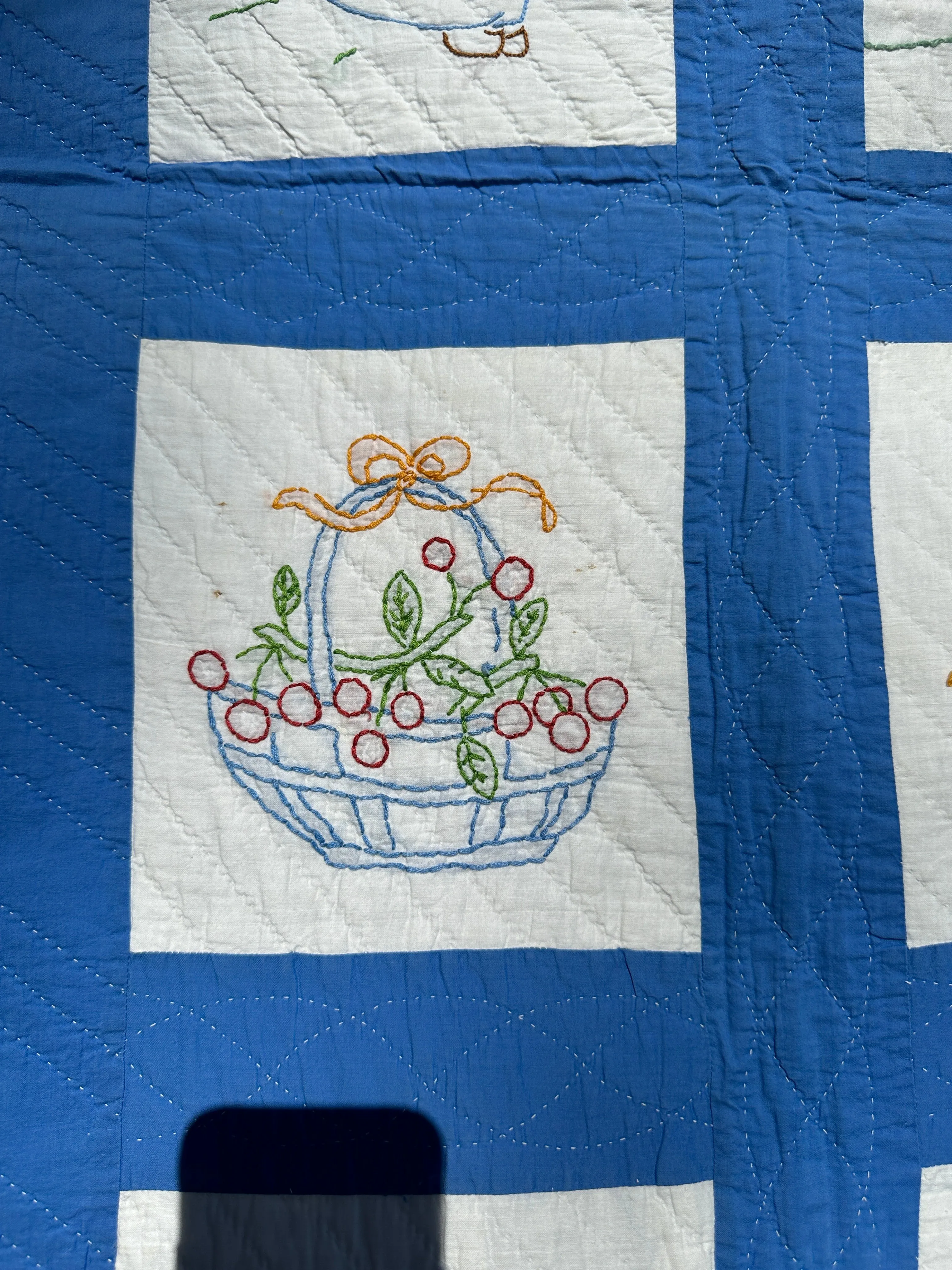 Vintage Embroidered Blue and White Quilt