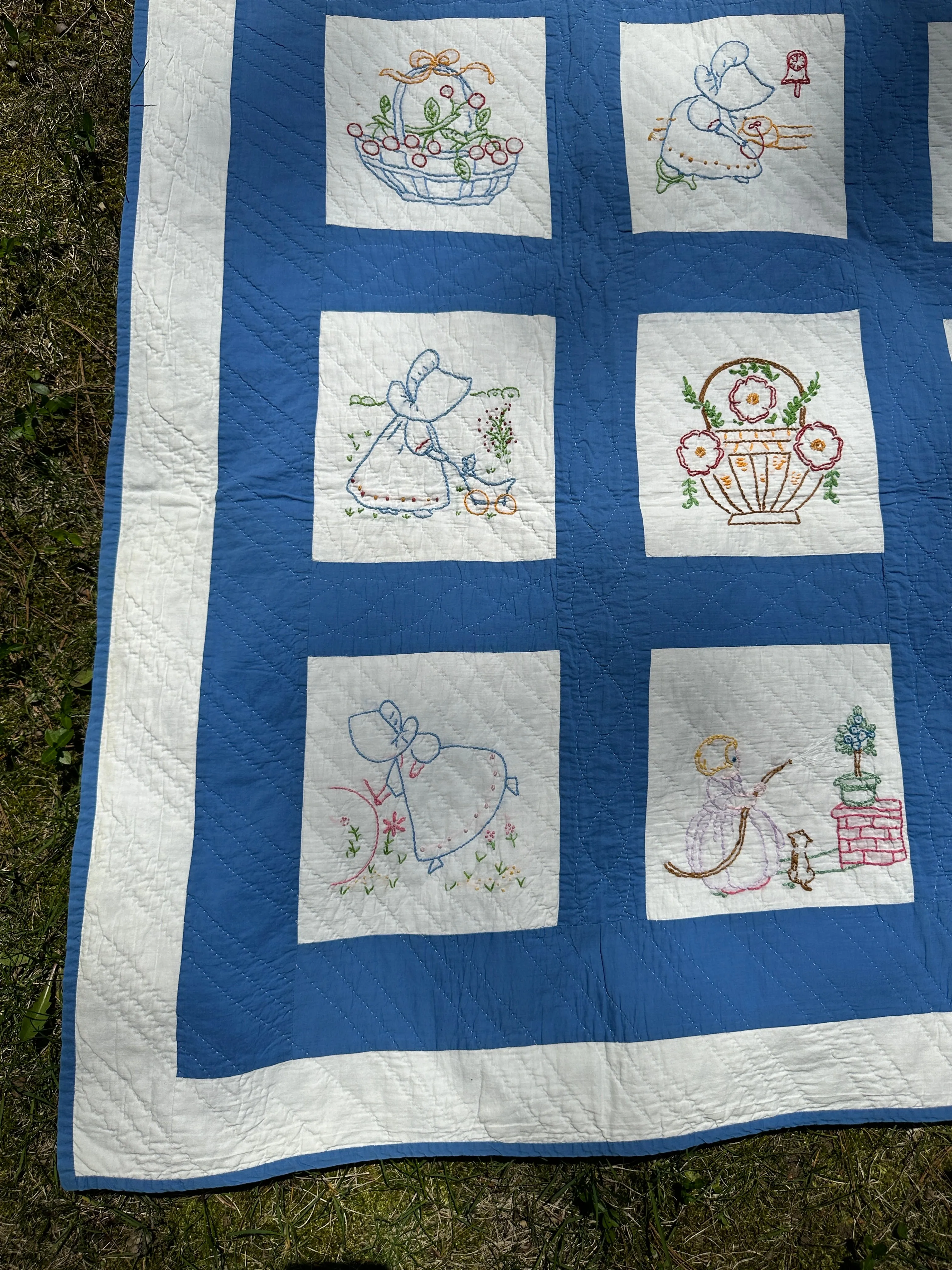 Vintage Embroidered Blue and White Quilt