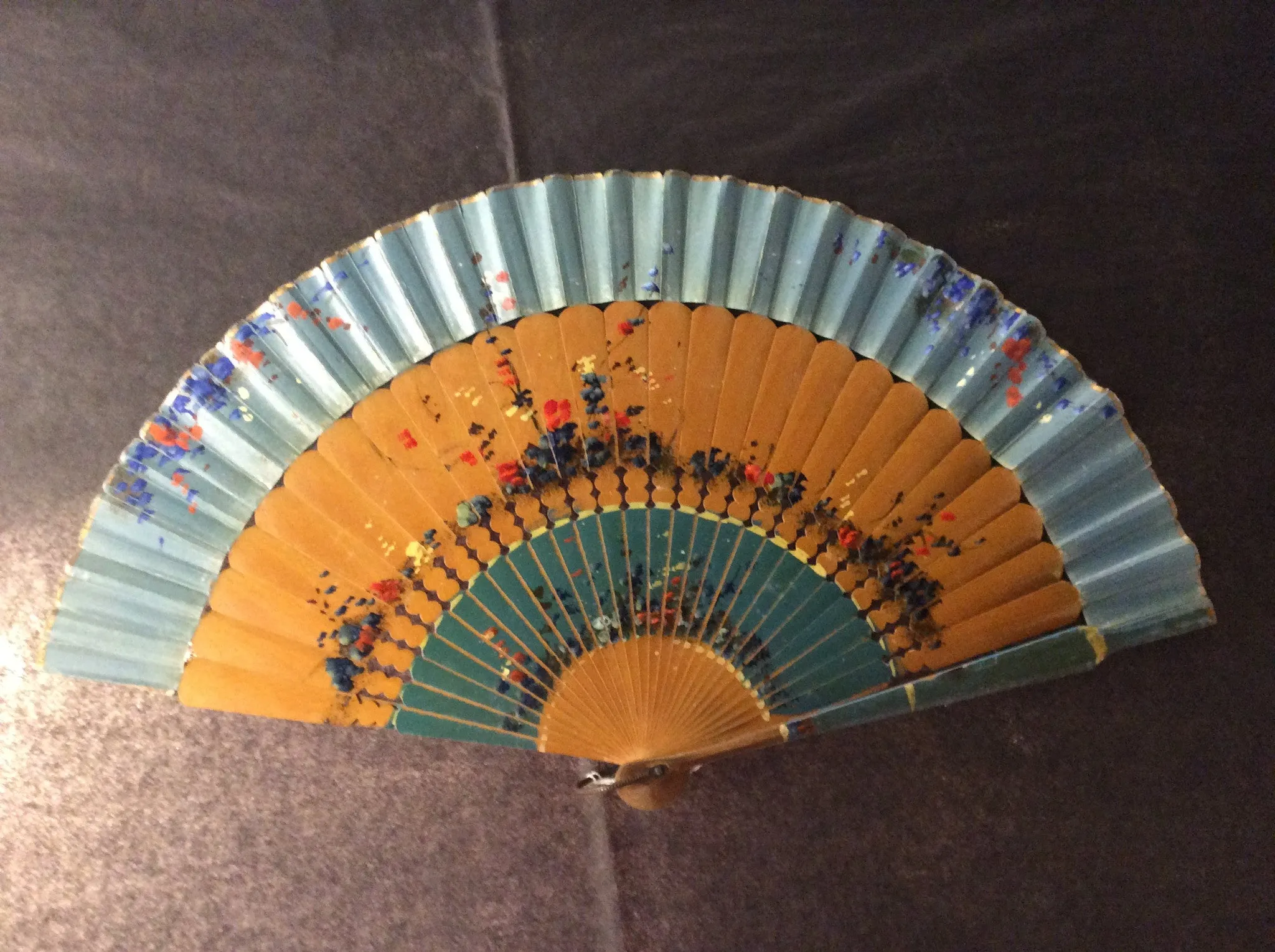 Vintage Hand Painted Cuban  polished palm stick and paper fan