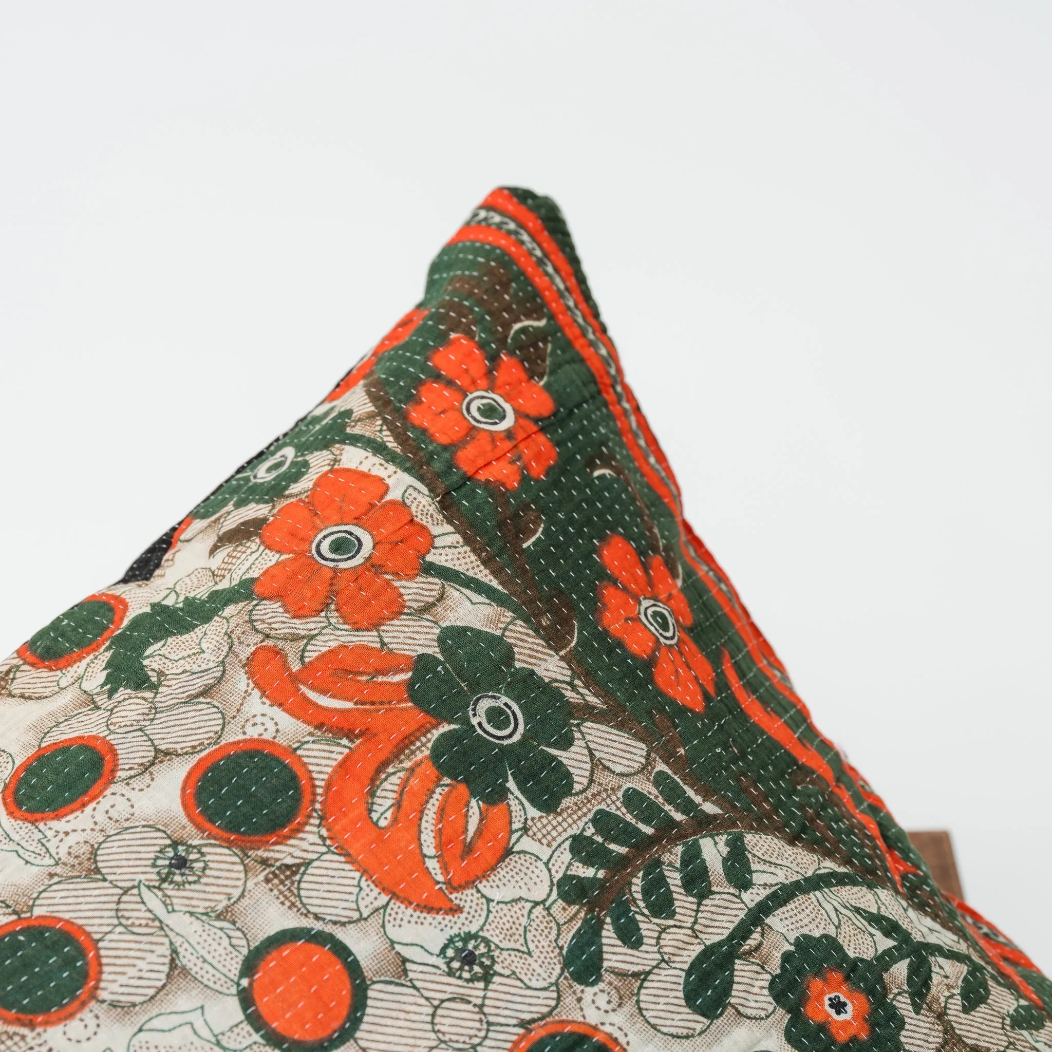 Vintage Kantha Lounge Pillowcase Olive Flowers