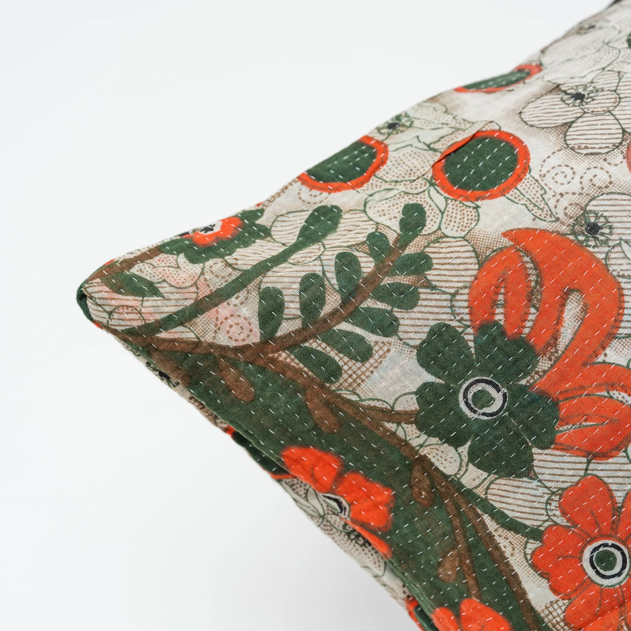 Vintage Kantha Lounge Pillowcase Olive Flowers