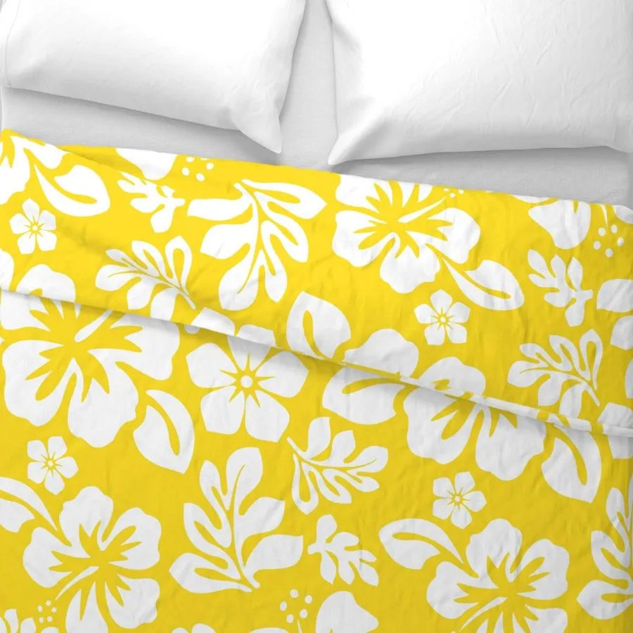 White Hibiscus and Hawaiian Flowers on Sunny Yellow Duvet Cover -Medium Scale