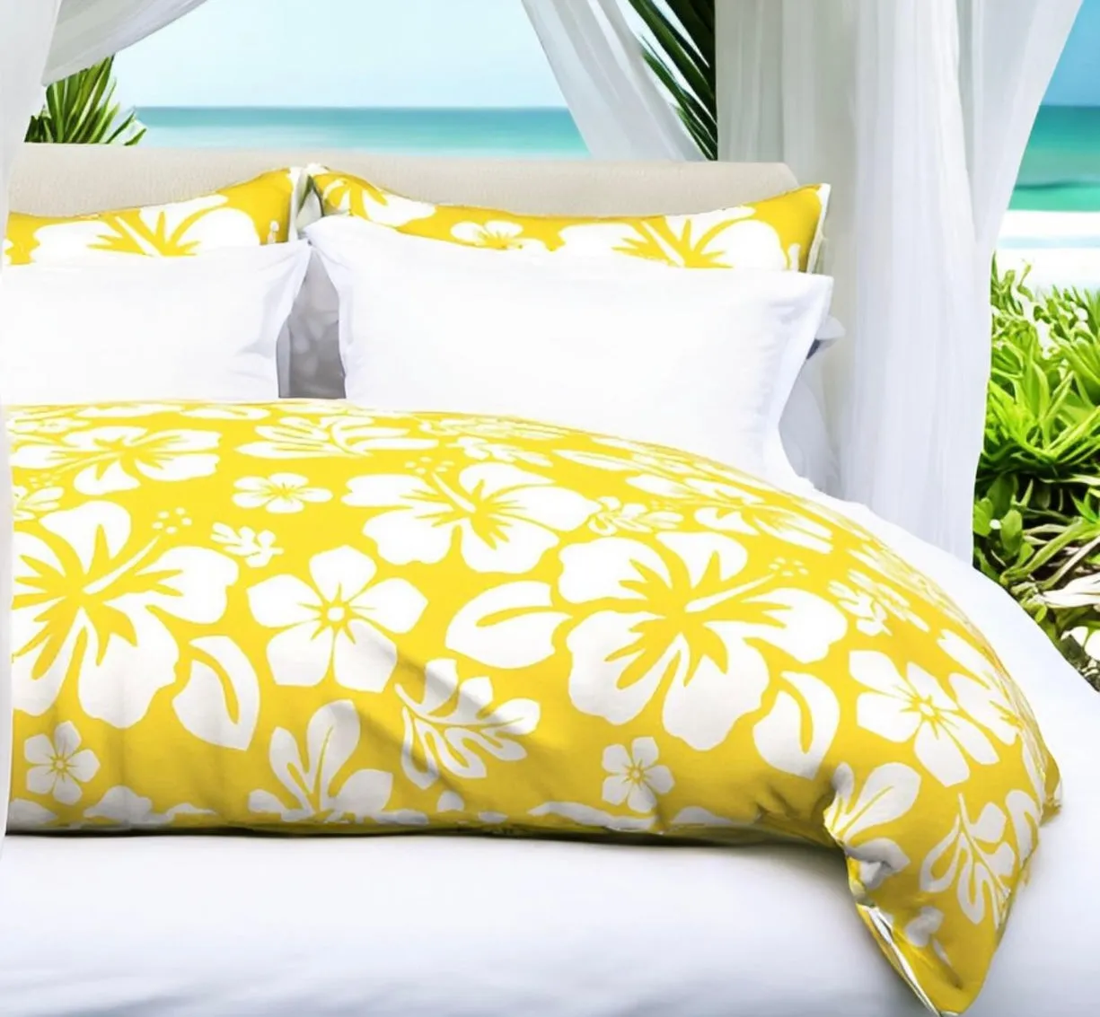 White Hibiscus and Hawaiian Flowers on Sunny Yellow Duvet Cover -Medium Scale